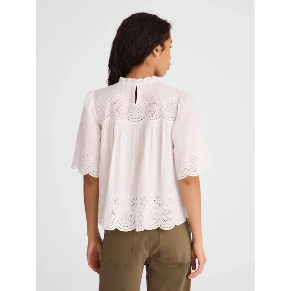 Madewell Embroidered Pintuck High-Neck Top Women’s Medium White Short Sleeve - Picture 3 of 9